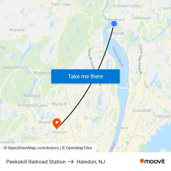 Peekskill Railroad Station to Haledon, NJ map