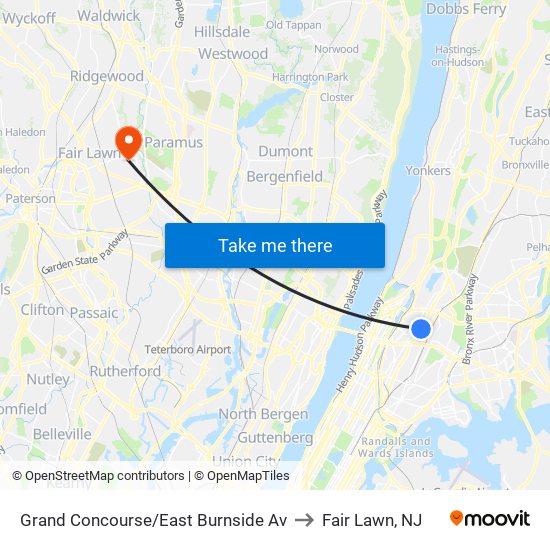 Grand Concourse/East Burnside Av to Fair Lawn, NJ map
