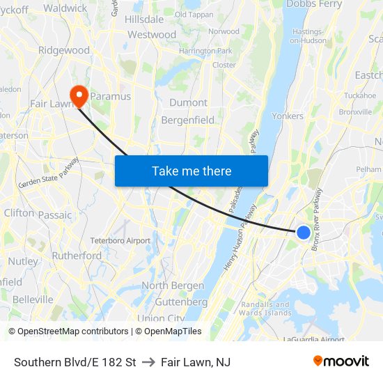 Southern Blvd/E 182 St to Fair Lawn, NJ map