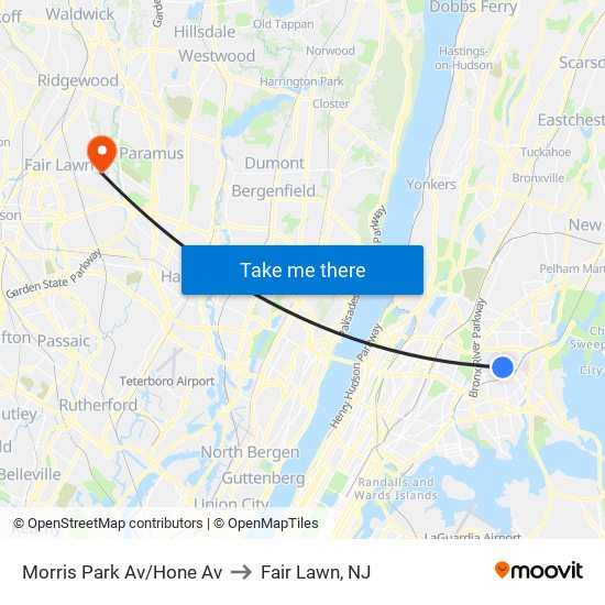 Morris Park Av/Hone Av to Fair Lawn, NJ map