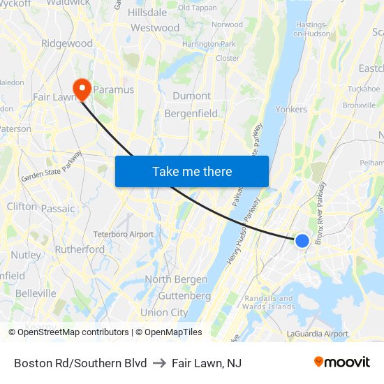 Boston Rd/Southern Blvd to Fair Lawn, NJ map