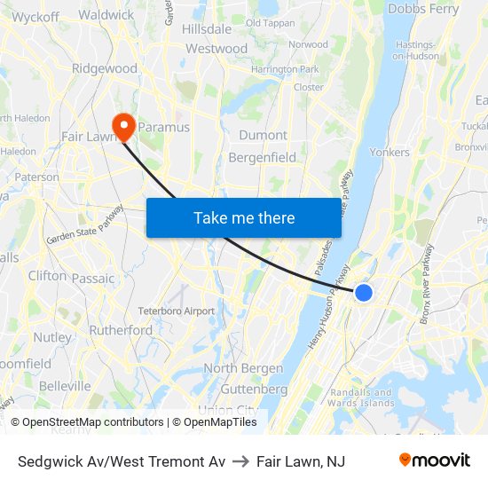 Sedgwick Av/West Tremont Av to Fair Lawn, NJ map