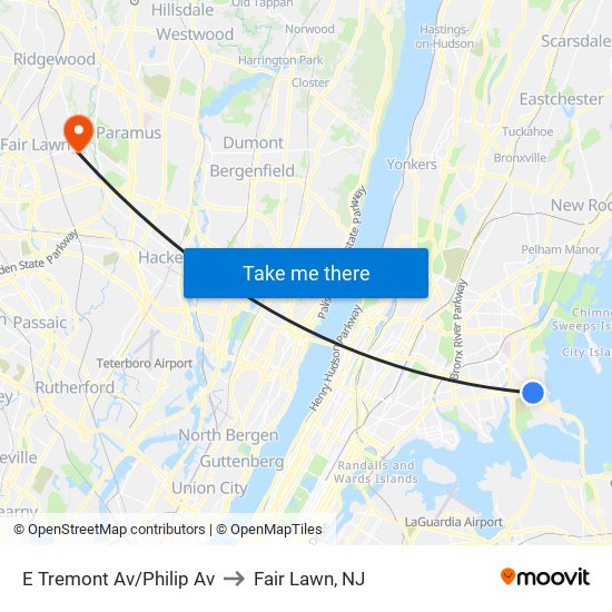 E Tremont Av/Philip Av to Fair Lawn, NJ map