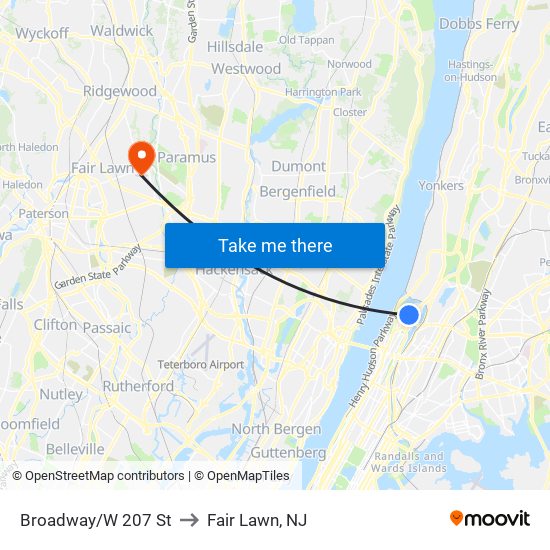 Broadway/W 207 St to Fair Lawn, NJ map