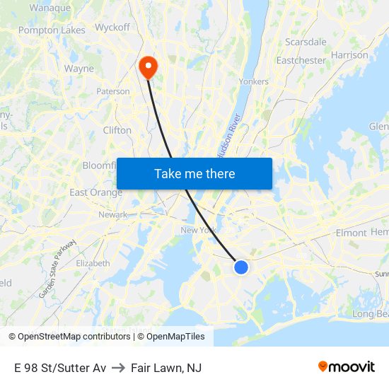 E 98 St/Sutter Av to Fair Lawn, NJ map