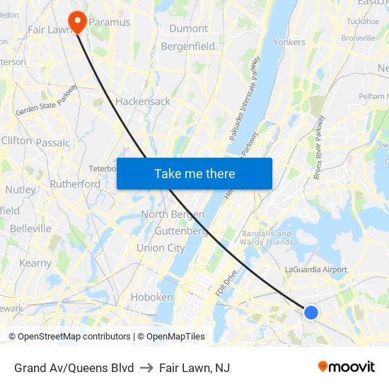 Grand Av/Queens Blvd to Fair Lawn, NJ map