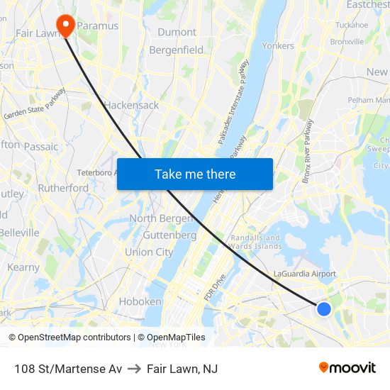 108 St/Martense Av to Fair Lawn, NJ map