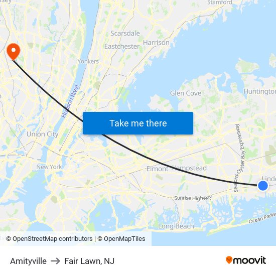 Amityville to Fair Lawn, NJ map