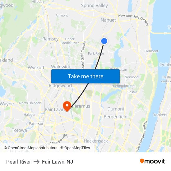 Pearl River to Fair Lawn, NJ map