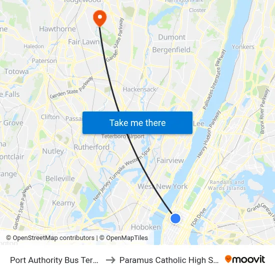 Port Authority Bus Terminal to Paramus Catholic High School map
