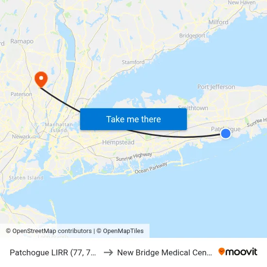 Patchogue LIRR (77, 77y) to New Bridge Medical Center map
