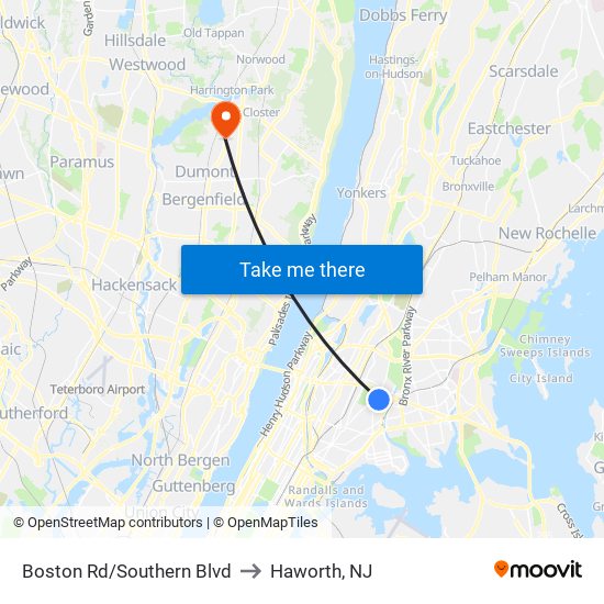 Boston Rd/Southern Blvd to Haworth, NJ map