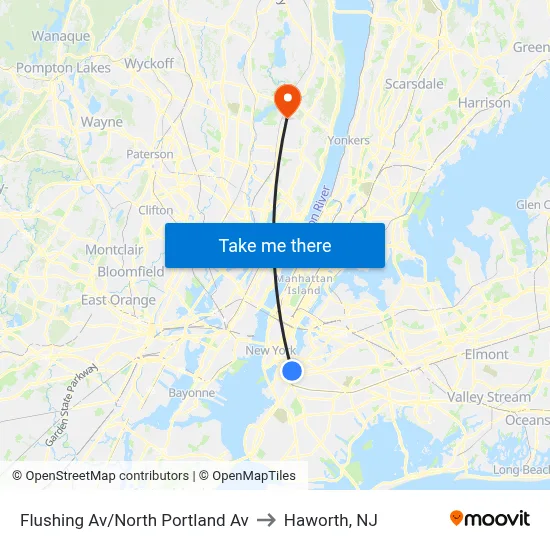 Flushing Av/North Portland Av to Haworth, NJ map