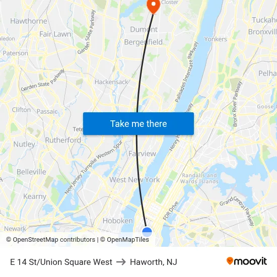 E 14 St/Union Square West to Haworth, NJ map