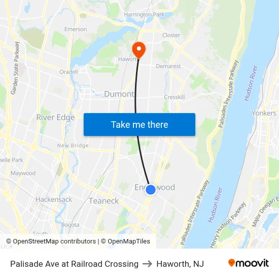 Palisade Ave at Railroad Crossing to Haworth, NJ map