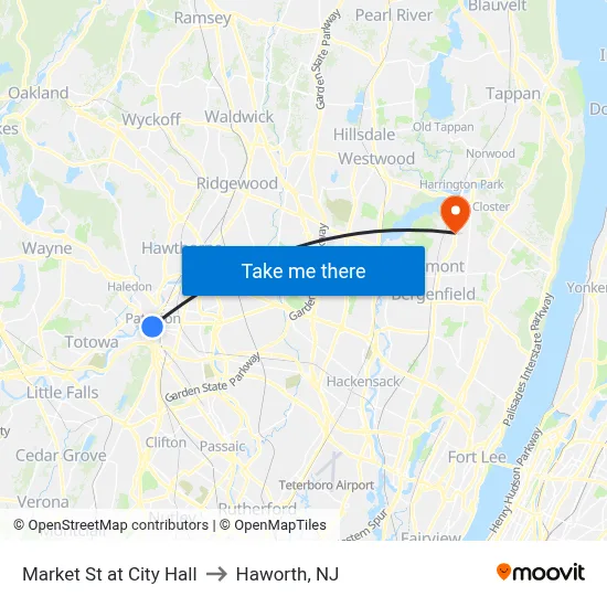 Market St at City Hall to Haworth, NJ map