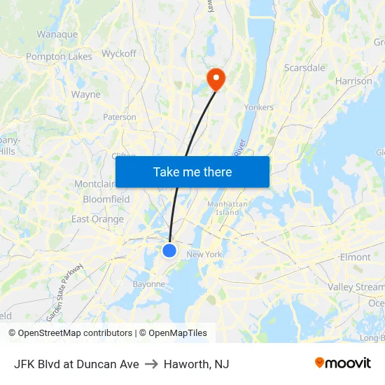 JFK Blvd at Duncan Ave to Haworth, NJ map