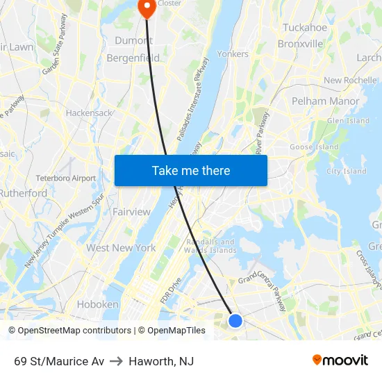 69 St/Maurice Av to Haworth, NJ map