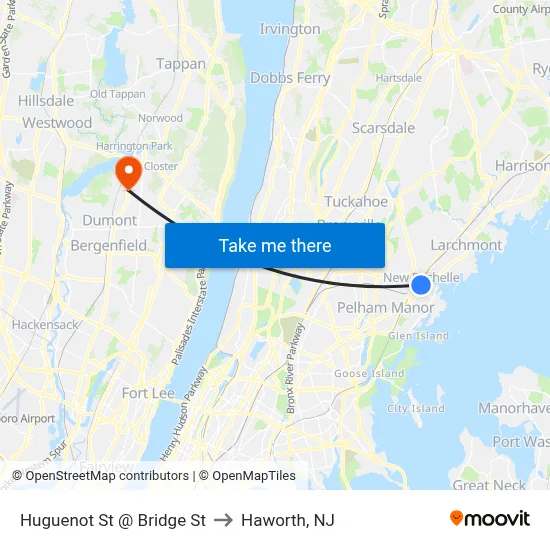 Huguenot St @ Bridge St to Haworth, NJ map
