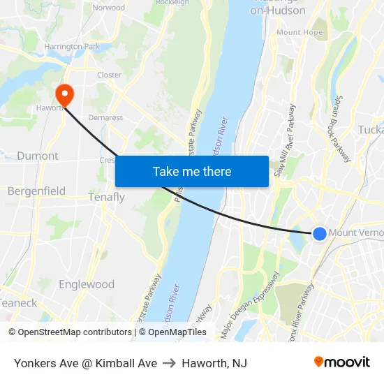 Yonkers Ave @ Kimball Ave to Haworth, NJ map