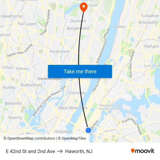 E 42nd St and 2nd Ave to Haworth, NJ map