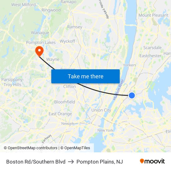 Boston Rd/Southern Blvd to Pompton Plains, NJ map