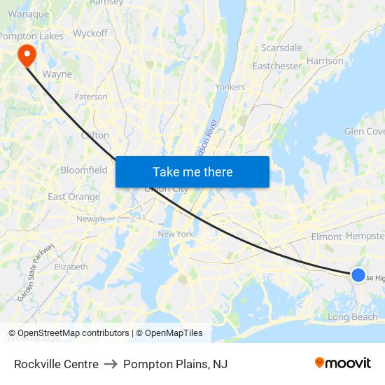 Rockville Centre to Pompton Plains, NJ map