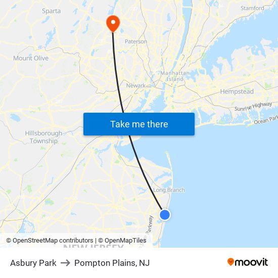 Asbury Park to Pompton Plains, NJ map