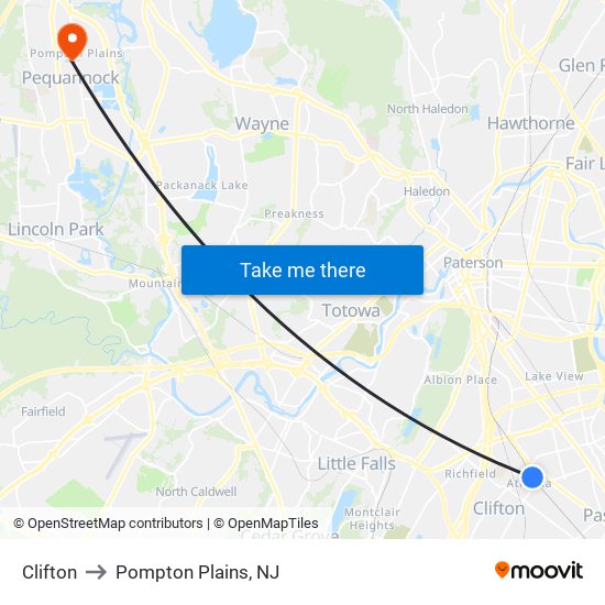 Clifton to Pompton Plains, NJ map