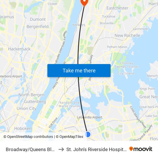 Broadway/Queens Blvd to St. John's Riverside Hospital map