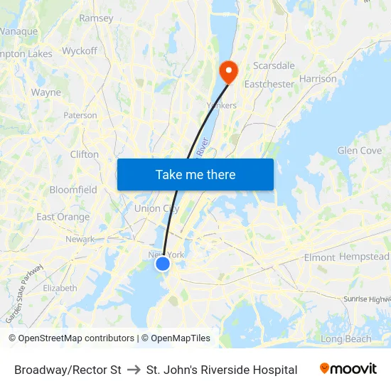 Broadway/Rector St to St. John's Riverside Hospital map