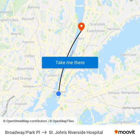 Broadway/Park Pl to St. John's Riverside Hospital map