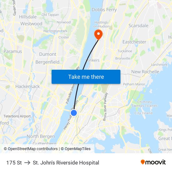 175 St to St. John's Riverside Hospital map