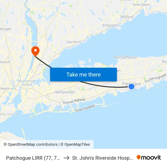 Patchogue LIRR (77, 77y) to St. John's Riverside Hospital map