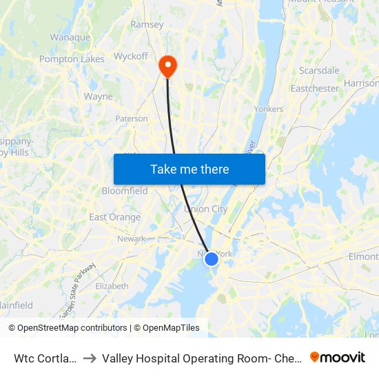 Wtc Cortlandt to Valley Hospital Operating Room- Cheel Wing map