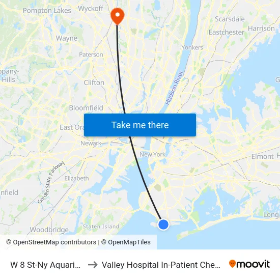 W 8 St-Ny Aquarium to Valley Hospital In-Patient Checkin map