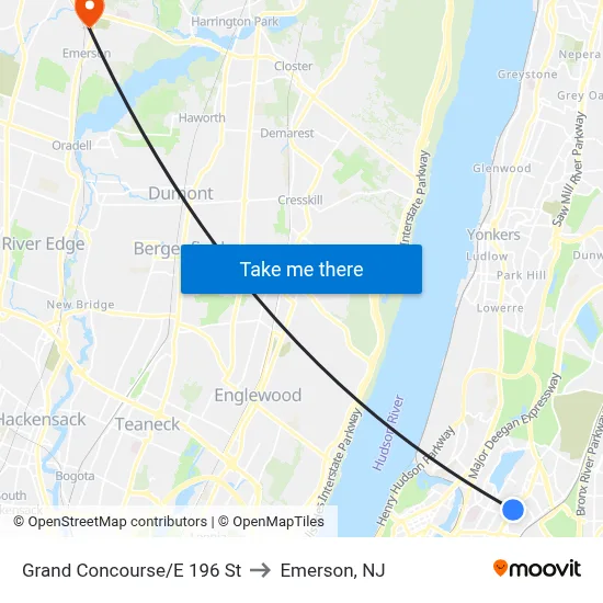 Grand Concourse/E 196 St to Emerson, NJ map