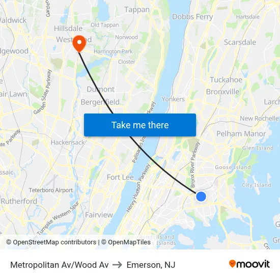 Metropolitan Av/Wood Av to Emerson, NJ map