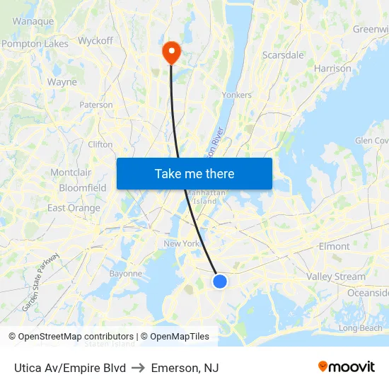 Utica Av/Empire Blvd to Emerson, NJ map