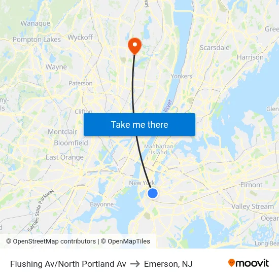 Flushing Av/North Portland Av to Emerson, NJ map