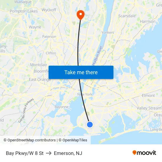 Bay Pkwy/W 8 St to Emerson, NJ map