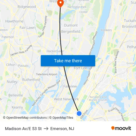 Madison Av/E 53 St to Emerson, NJ map