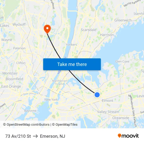 73 Av/210 St to Emerson, NJ map