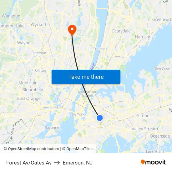 Forest Av/Gates Av to Emerson, NJ map