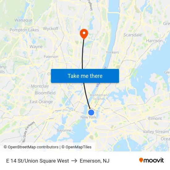 E 14 St/Union Square West to Emerson, NJ map