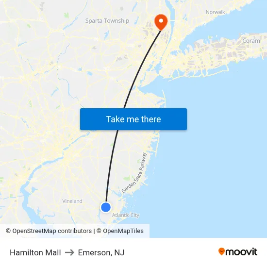 Hamilton Mall to Emerson, NJ map