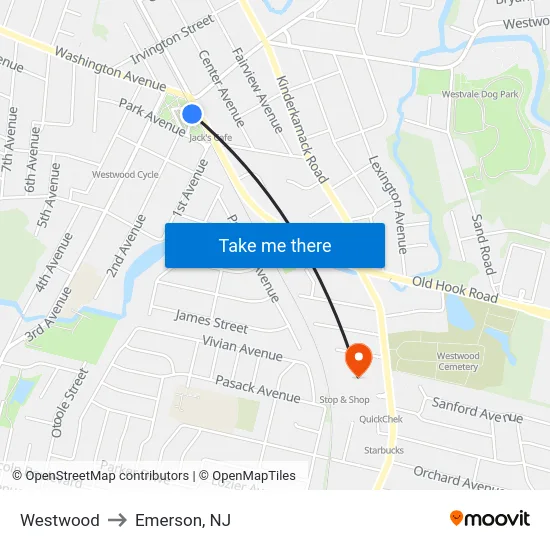 Westwood to Emerson, NJ map