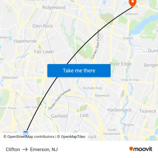 Clifton to Emerson, NJ map