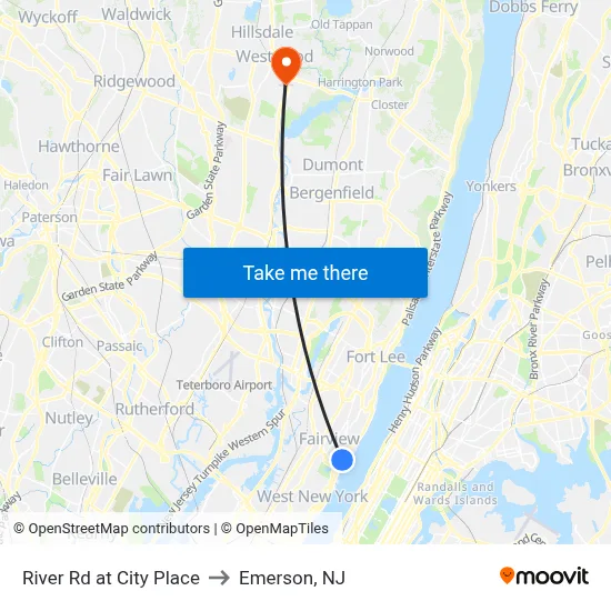 River Rd at City Place to Emerson, NJ map