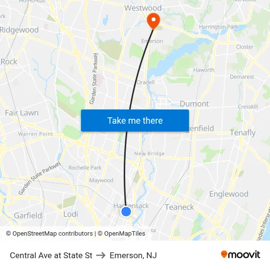 Central Ave at State St to Emerson, NJ map
